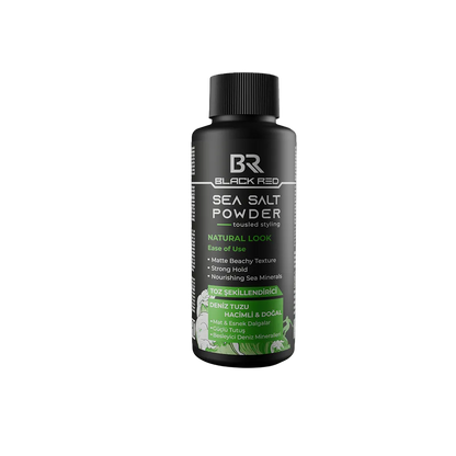 A black bottle of BR Black Red Sea Salt Powder (Hyalurated) with a black cap, centered on a white background.