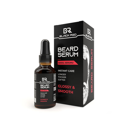 Black Red beard serum bottle and packaging on a white background